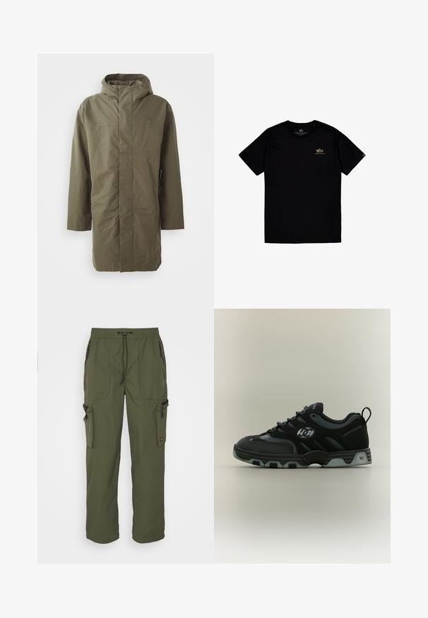 Olivengrøn vandtæt jakke med hætte, lange ærmer, lige snit og skjult frontlukning. Glat tekstur og minimalistisk design.; Sort bomulds T-shirt med rund halsudskæring. Har et lille guld logo på brystet og et mærke på venstre ærme. Korte ærmer.; Oliven grøn cargo bukser lavet af let materiale, med elastisk talje, snorelukning og flere lynlåslommer.; Sort og mørkegrå DC skateboard-sko med logo på siden, tyk sål med gennemsigtige accenter og trækkemærke på hælen.