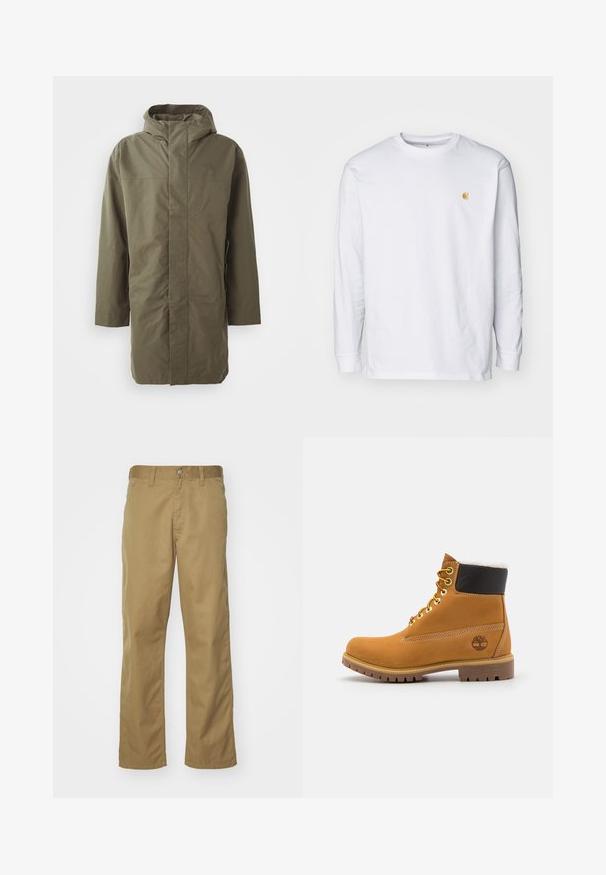 Chaqueta impermeable verde oliva con capucha, mangas largas, corte recto y cierre frontal oculto. Textura suave y diseño minimalista.; Camiseta de manga larga blanca de algodón. Cuenta con un pequeño logo dorado en el pecho y un cuello redondo. Diseño simple y corte estándar.; Chinos caqui con diseño de pierna recta, elaborados en una suave tela de algodón. Cuentan con un cierre frontal de botón y bolsillos laterales.; Botín de cuero marrón con ojales de metal, forro de piel sintética blanca, cuello acolchado negro, suela resistente y logotipo en relieve en el costado.