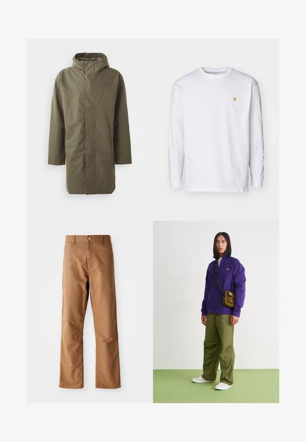 Olivengrøn vandtæt jakke med hætte, lange ærmer, lige snit og skjult frontlukning. Glat tekstur og minimalistisk design.; Hvid langærmet t-shirt lavet af bomuld. Har et lille gyldent logo på brystet og en rund halsudskæring. Enkel design og standard pasform.; Brune lige ben bukser med bæltestropper, forlommer, knaplukning og lynlåsgylp på hvid baggrund.; Jordan AIR JORDAN 1 ZM CMFT 2 - Sneakers high - summit white/bicoastal/oxidized green