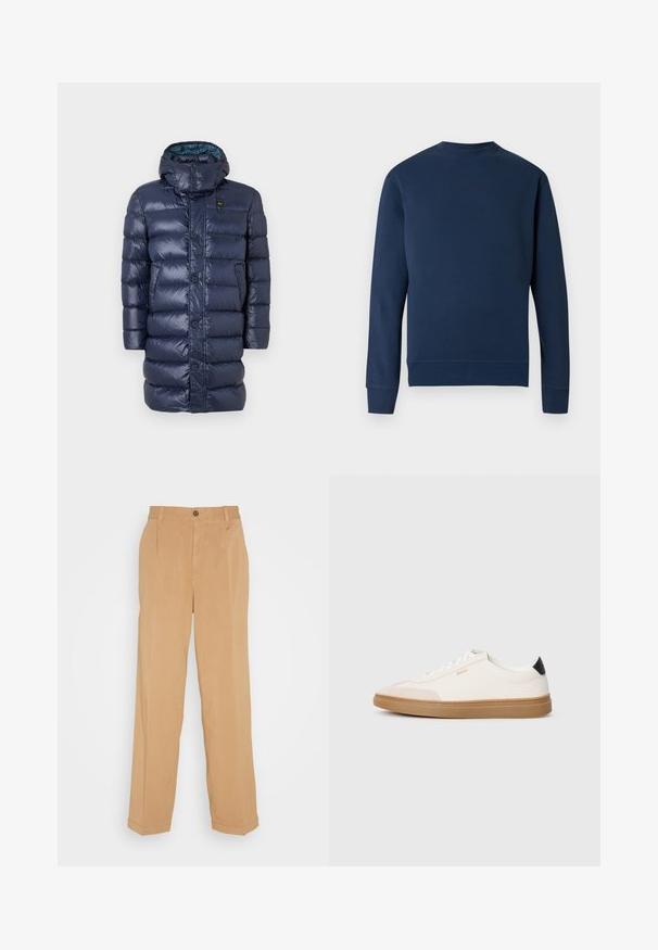 Marineblauwe pufferjas met een glanzende textuur, voorzien van een hoge kraag, knopen aan de voorkant en zijzakken. Het ontwerp bevat horizontaal doorgestikte delen.; Donkerblauwe sweatshirt met een ronde hals, geribbelde manchetten en zoom. Voorzien van een subtiel logo op de borst in een bijpassende kleur. Glad stoffen textuur.; Beige wijde broek van zacht materiaal, voorzien van twee voorzakken, een knoopsluiting en plooidetails langs de benen.; Witte sneakers met beige accenten, bovenwerk van glad leer, ronde neus en rubberen gumzool, met een zwarte hieltab en subtiele branding.