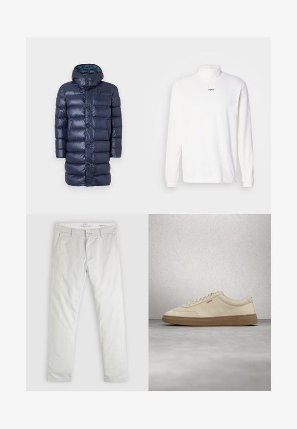 Marineblauwe pufferjas met een glanzende textuur, voorzien van een hoge kraag, knopen aan de voorkant en zijzakken. Het ontwerp bevat horizontaal doorgestikte delen.; Witte langemouwen turtleneck-shirt van zachte stof, met een subtiele zwarte "HUGO"-logo op de voorkant en aansluitende manchetten.; Lichtgrijze chino broek met rechte pijpen, voorzien van riemlussen, voorzakken en een gulp met rits, gelabeld als standaard taps toelopende pasvorm in taillemaat 32.; Lichtbeige suède sneaker met een zool van gumrubber, opvallende veters en subtiele stikdetails. Strak ontwerp met een minimalistische uitstraling.