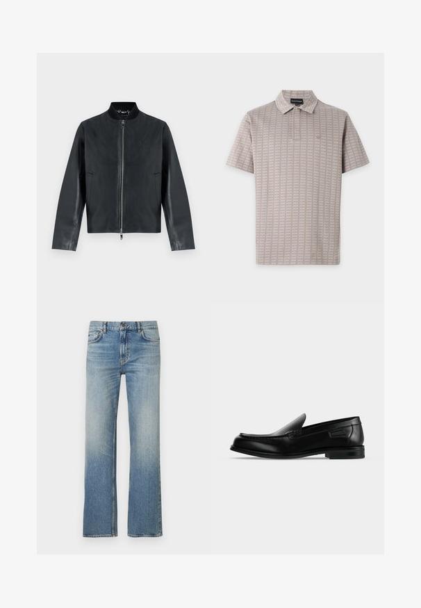 Veste bomber en cuir noir avec fermeture éclair frontale, col côtelé et deux poches latérales.; Polo manches courtes marron clair avec un motif carré texturé et un petit logo brodé sur la poitrine gauche.; Jean en denim bleu clair avec une coupe droite, présentant une finition délavée, un design classique à cinq poches et des coutures contrastées.; Mocassin noir en cuir à enfiler avec un petit talon, un bout arrondi et des surpiqûres décoratives le long du bord supérieur.