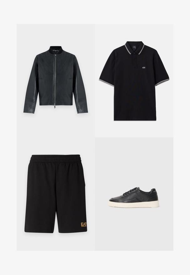 Veste bomber en cuir noir avec fermeture éclair frontale, col côtelé et deux poches latérales.; Polo noir en coton, doté d'un col à deux boutons, avec des accents rayés blancs sur les manches et un logo sur la poitrine.; Shorts de sport noirs en tissu doux, avec une taille élastique et un petit logo jaune EA7 sur le bas de la jambe gauche.; Baskets en cuir noir avec finition texturée, bout rond et semelle plate en caoutchouc blanc. Présentent des lacets noirs et un logo sur le talon.