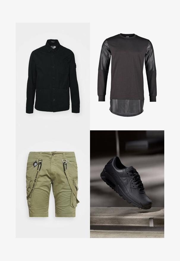 Zwarte, lange mouwen shirtjack gemaakt van katoen, met een knoopsluiting aan de voorkant, twee grote voorzakken en een kleine borstzak.; Zwarte sweatshirt met leren mouwen en een langere, glanzend zwarte zoom. Heeft een ronde halslijn en een ontspannen pasvorm. Over het algemeen een gladde textuur.; Olijfgroene cargoshorts met een rechte snit, voorzien van zakken, zwarte hardware, een band met de tekst "VERWIJDER VOORDAT U VLIEGT" en een gladde stof.; Zwarte Nike Air Max sneakers met een bovenwerk van gestructureerd leer, rubberen zool en een opvallend vetersysteem, dat een strakke, moderne uitstraling heeft.