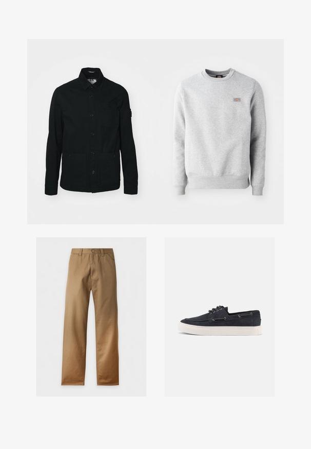 Zwarte, lange mouwen shirtjack gemaakt van katoen, met een knoopsluiting aan de voorkant, twee grote voorzakken en een kleine borstzak.; Grijze sweatshirt met een ronde hals, ribgebreide manchetten en onderrand, gemaakt van zacht katoen. Kenmerkt een klein logo op de linkerkant van de borst.; Rechtgesneden kaki bruine broek met riemlussen, knoopsluiting en voorzakken, getoond tegen een witte achtergrond.; Casual sneaker van marineblauw suède met witte rubberen zool, zwarte veters en metalen veteroogjes, gezien vanaf de rechterkant tegen een effen achtergrond.