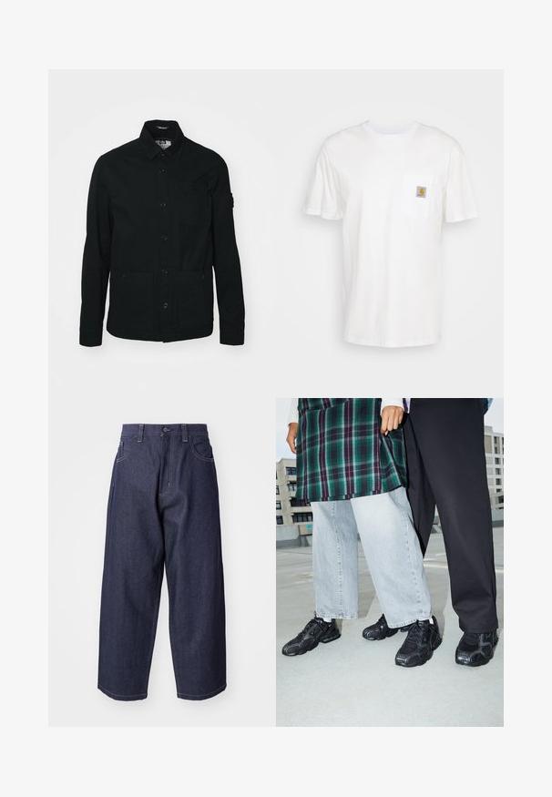 Čierna dlhá rukávová košela-jacket vyrobená z bavlny, s gombíkovým zapínaním vpredu, dvoma veľkými prednými vreckami a malým vreckom na hrudi.; Biele bavlnené tričko s krátkymi rukávmi, vreckom na hrudi a malou štvorcovou nášivkou v oranžovej a bielej farbe na vrecku.; Tmavomodré denimové džínsy s voľným, širokým strihom. Funkcie zahŕňajú zapínanie na gombík, predné vrecká a viditeľné švy.; Čierne športové topánky s sieťovinou a gumovými akcentmi. Nosené s svetlošedými širokými džínsami a kockovaným zeleným topom. Pozadie s plochým povrchom.