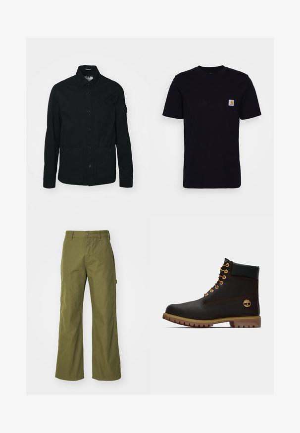 Schwarze, langärmelige Shirtjacke aus Baumwolle, mit einer durchgehenden Knopfleiste, zwei großen Fronttaschen und einer kleinen Brusttasche.; Schwarzes Baumwoll-T-Shirt mit kurzen Ärmeln, rundem Hals und einer Brusttasche, die mit einem kleinen, quadratischen Logo-Patch versehen ist. Einfaches, einfarbiges Design.; Olivgrüne, weite Hosen aus strapazierfähigem Material, mit Knopfverschluss, seitlichen Taschen und einem geraden Saumdesign.; Schwarze Leder-Ankle-Boots mit goldenen Ösen, braunen Akzenten und einer Gummisohle. Verfügt über einen gepolsterten Schaft und ein geprägtes Logo an der Seite.