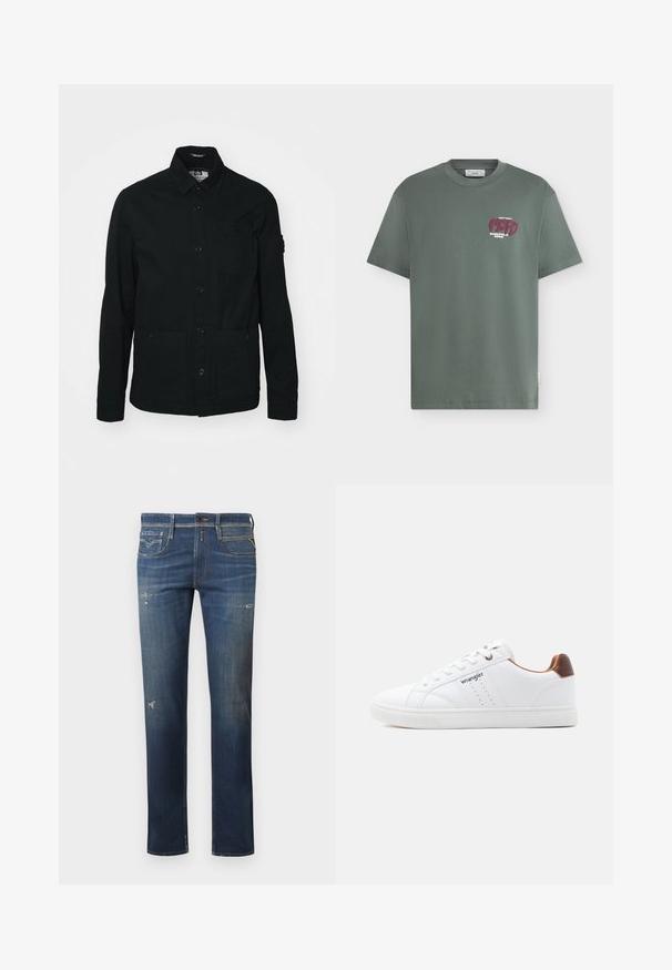 Zwarte, lange mouwen shirtjack gemaakt van katoen, met een knoopsluiting aan de voorkant, twee grote voorzakken en een kleine borstzak.; Groen T-shirt met korte mouwen en kleine paarse en witte grafische tekst "MOPD MARC O'POLO DENIM" op de bovenste linkerborst.; Donkerblauwe denim jeans met een rechte pijp, voorzien van versleten plekken, subtiele vervaging en een traditionele vijf-pocketontwerp met een knoopsluiting.; Witte lage sneaker met witte veters, geperforeerde details, 'Wrangler' logo aan de zijkant en bruine hielaccent op een effen achtergrond.