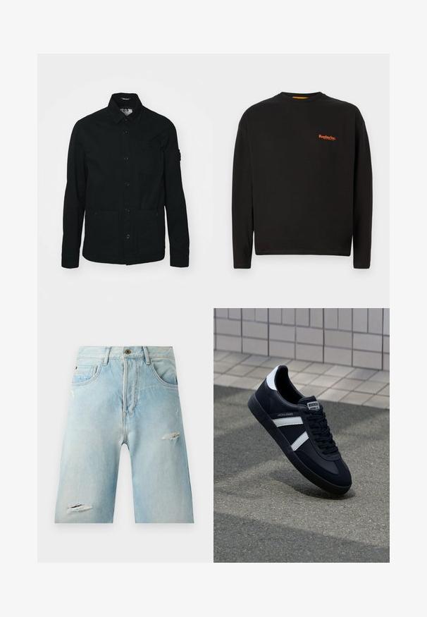 Schwarze, langärmelige Shirtjacke aus Baumwolle, mit einer durchgehenden Knopfleiste, zwei großen Fronttaschen und einer kleinen Brusttasche.; Schwarzes Langarm-T-Shirt aus Baumwolle, mit kleinem, orangefarbenem "Replay Inc."-Logo auf der Brust, rundem Halsausschnitt und normaler Passform.; Hellblaue Denim-Shorts mit einer lockeren Passform, featuring distressierte Akzente, seitliche Taschen und einen einzelnen oberen Knopfverschluss.; Schwarze Leder-Sneaker mit weißen Streifen, strukturiertem Gummisohle und Schnürung. Verfügt über ein Markenetikett auf der Zunge.