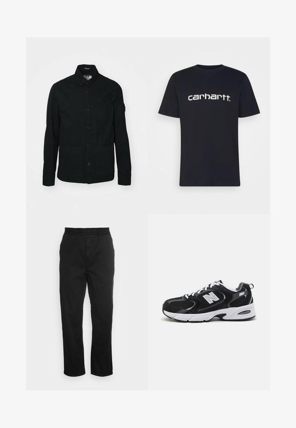 Sort, langærmet skjortejakke lavet af bomuld, med knaplukning foran, to store lommer foran og en lille brystlomme.; Sort bomulds T-shirt med korte ærmer og rund hals; har et hvidt "carhartt" logo trykt på brystet. Glat tekstur, enkelt design.; Sorte bomuldsbukser med elastisk talje, lige ben og sidelommer. Glat tekstur uden mønstre eller accenter.; Sorte og grå sportssko med mesh og ruskind på overdelen, der har en hvid mellemsål, snørebånd og et iøjnefaldende "N" logo på siden.