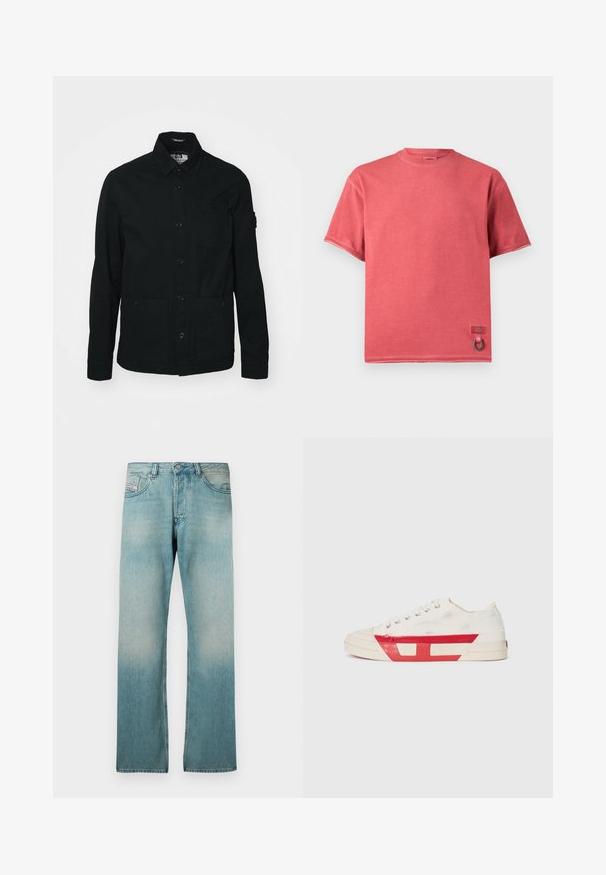 Čierna dlhá rukávová košela-jacket vyrobená z bavlny, s gombíkovým zapínaním vpredu, dvoma veľkými prednými vreckami a malým vreckom na hrudi.; Červené tričko s vyblednutým efektom a krátkym rukávom, okrúhlym výstrihom a malou značkovou nášivkou spolu s kovovým krúžkom pri spodnom leme.; Svetlomodré riflové nohavice s vybledlým efektom, rovný strih, päťvreckový štýl a zapínanie na gombíky. Obsahujú kontrastné švy.; Plátenné tenisky s bielym vrchom, červenými gumovými akcentmi a textúrovaným dizajnom. Majú okrúhly špičku a päť dierok na šnúrky.