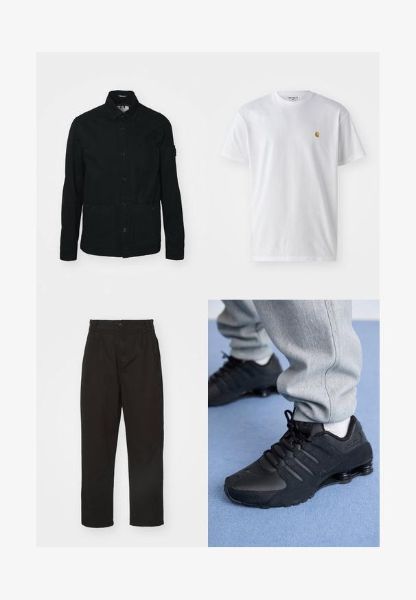 Sort, langærmet skjortejakke lavet af bomuld, med knaplukning foran, to store lommer foran og en lille brystlomme.; Hvid bomulds t-shirt med korte ærmer, rund hals og et lille guld logo på venstre brystområde. Blød tekstur og almindelig pasform.; Sorte bukser lavet af glat stof, med knaplukning, lige pasform og to frontfolder for ekstra detalje.; Person iført sorte Nike Shox sneakers og grå joggingbukser, der står på lyseblåt tæppe.
