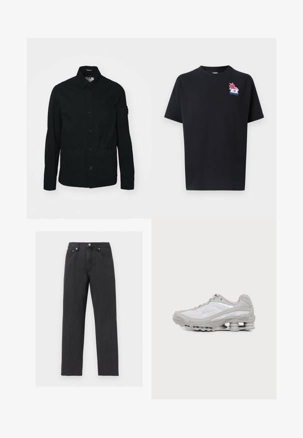 Sort, langærmet skjortejakke lavet af bomuld, med knaplukning foran, to store lommer foran og en lille brystlomme.; Sort bomuld t-shirt med rund hals. Har en lille, farverig grafik af en figur og teksten "new balance" på brystet.; Sorte jeans med lige ben, fem lommer, knaplukning og bæltestropper, vist på en lysegrå baggrund.; Grå og hvid atletiksko med synlig luftpolstret sål og mesh-paneler, vist i profil på en ensartet lys baggrund.
