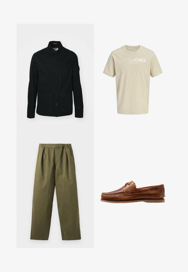 Sort, langærmet skjortejakke lavet af bomuld, med knaplukning foran, to store lommer foran og en lille brystlomme.; Beige t-shirt med korte ærmer med hvid "JACK & JONES premium" tekstlogo på brystet, rund halsudskæring og almindelig pasform.; Olivengrønne bukser med vidde ben, elastisk talje og forreste læg, vist mod en lys baggrund.; Brune læder bådsko med syede detaljer, der har metaløjer, en forhøjet søm på tåen og en flad gummisål.