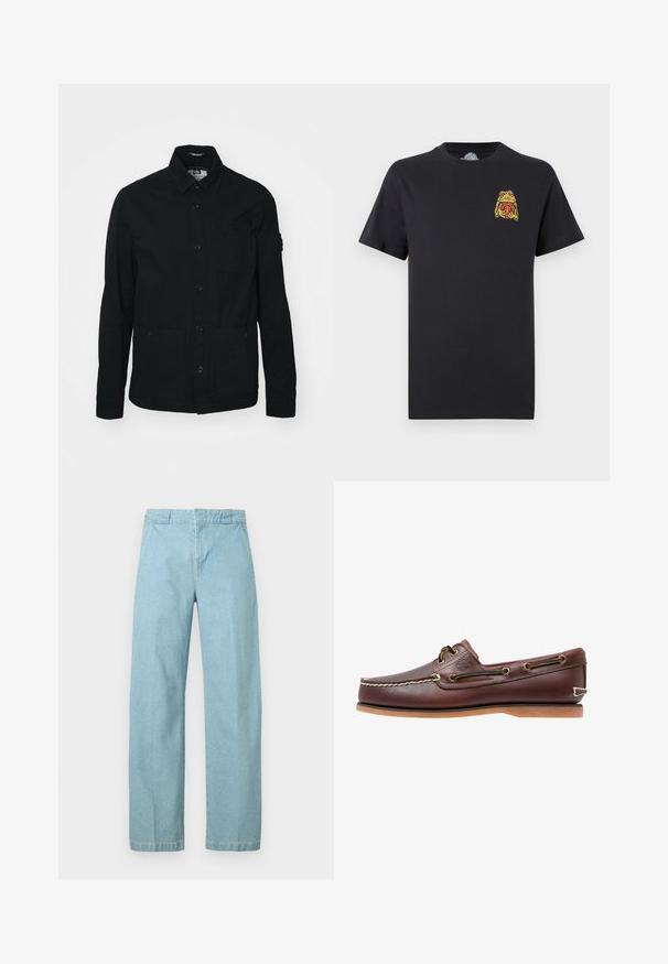 Schwarze, langärmelige Shirtjacke aus Baumwolle, mit einer durchgehenden Knopfleiste, zwei großen Fronttaschen und einer kleinen Brusttasche.; Schwarzes T-Shirt mit kurzen Ärmeln und einer kleinen gelb-roten Froschgrafik, die einen Basketball in der linken Brustpartie hält.; Hellblaue Jeanshose mit geradem Bein, ausgestattet mit einem normalen Bund und minimalen Nahtdetails. Glatte Textur und klassischer Schnitt.; Brauner Leder-Bootsschuh mit weißen Nähten, Schnürdetails und hellbrauner Gummisohle, seitlich auf weißem Hintergrund gezeigt.