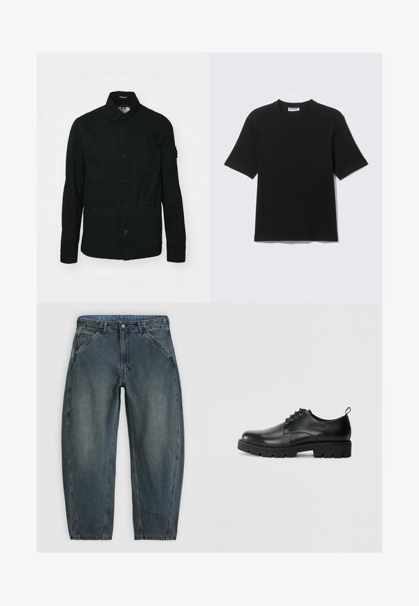 Sort, langærmet skjortejakke lavet af bomuld, med knaplukning foran, to store lommer foran og en lille brystlomme.; Sort kortærmet T-shirt med rund hals og "WEEKDAY" mærke på indersiden af kraven, vist fladt på en lys baggrund.; Højtaljede mørkegrå denimjeans med skrå frontlommer, knaplukning, bæltestropper og let tilspidsede ben.; Sort læder sko med en rund tå, der har snørelukning, solid sort gummisål og en lille hælflap bagpå.