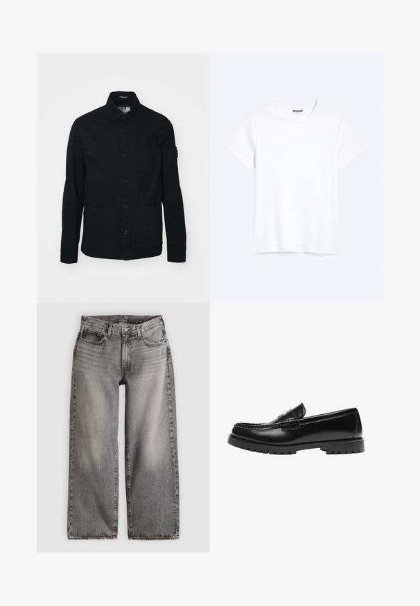 Zwarte, lange mouwen shirtjack gemaakt van katoen, met een knoopsluiting aan de voorkant, twee grote voorzakken en een kleine borstzak.; Effen witte T-shirt met korte mouwen en ronde hals met een zichtbaar WEEKDAY-merklabel bij de nek, weergegeven op een lichte achtergrond.; Wijde jeans van zwart gewassen denim, met een hoge taille, vijf zakken en subtiele stiksel details langs de naden.; Zwarte leren loafer met een dikke rubberen zool en klassieke penny-strap details, gezien vanaf de buitenkant.