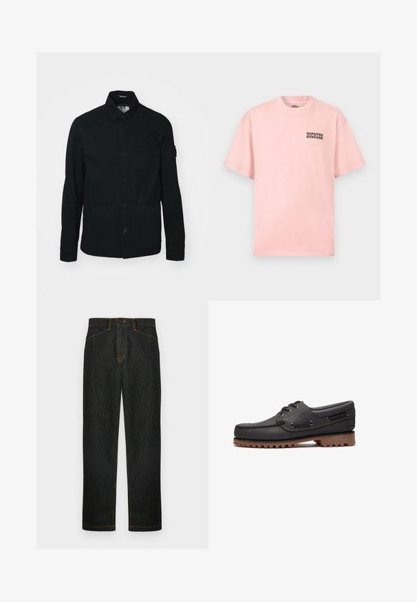 Zwarte, lange mouwen shirtjack gemaakt van katoen, met een knoopsluiting aan de voorkant, twee grote voorzakken en een kleine borstzak.; Lichtroze korte mouw T-shirt met ronde hals en een klein zwart "Dickies"-logo op de linkerborst.; Zwarte broek met strepen van denim, met oranje stiksels en een rechte pijp. Voorzien van een knoopsluiting aan de voorkant en lussen voor een riem.; Zwart leren bootschoen met veters, ronde neus, gestructureerde bruine rubberen zool en gestikte leren zijkanten.