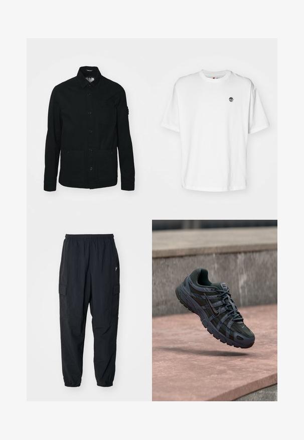 Schwarze, langärmelige Shirtjacke aus Baumwolle, mit einer durchgehenden Knopfleiste, zwei großen Fronttaschen und einer kleinen Brusttasche.; Weißes Baumwoll-T-Shirt mit rundem Halsausschnitt und kurzen Ärmeln, sowie einem kleinen schwarzen Baum-Logo auf der linken Brust. Weicher Stoff, lockere Passform.; Schwarze Cargo-Hosen aus leichtem Material mit einem elastischen Bund, Seitentaschen und einer lockeren Passform mit elastischen Bündchen.; Dunkelgrauer Nike Laufschuh mit Mesh- und Synthetikdesign, schwebt über einer rosa Betonfläche vor grauem Stein-Hintergrund.
