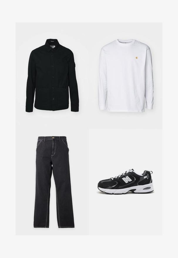 Schwarze, langärmelige Shirtjacke aus Baumwolle, mit einer durchgehenden Knopfleiste, zwei großen Fronttaschen und einer kleinen Brusttasche.; Weißes Langarm-T-Shirt aus Baumwolle. Mit kleinem goldenem Logo auf der Brust und Rundhalsausschnitt. Einfaches Design und normale Passform.; Schwarze Jeans mit geradem Bein, Vordertaschen, Gürtelschlaufen und sichtbaren weißen Nähten auf einfachem hellgrauem Hintergrund.; Schwarze und graue Sportschuhe mit Obermaterial aus Mesh und Wildleder, ausgestattet mit einer weißen Zwischensohle, Schnürsenkeln und einem markanten "N"-Logo an der Seite.