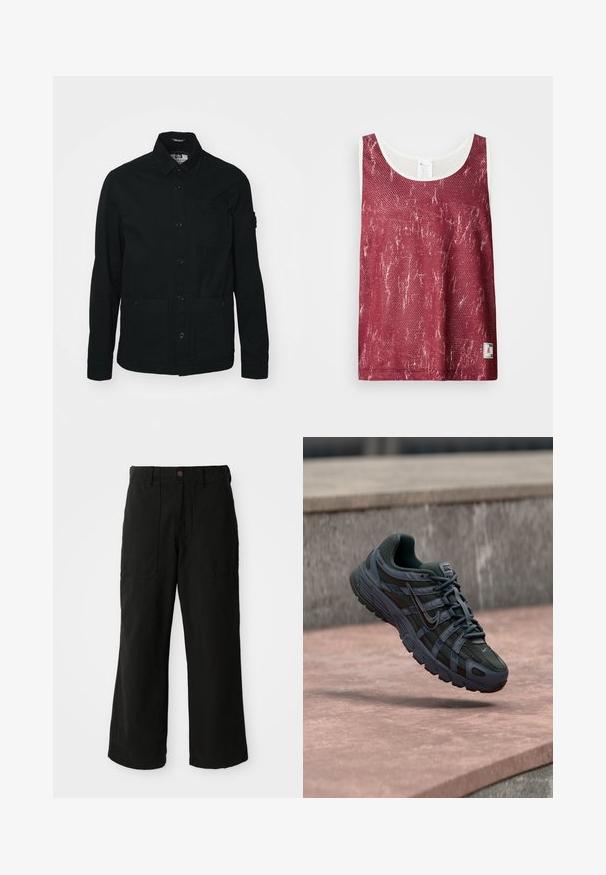 Zwarte, lange mouwen shirtjack gemaakt van katoen, met een knoopsluiting aan de voorkant, twee grote voorzakken en een kleine borstzak.; Rode mesh tanktop met een licht vervaagd, versleten patroon. Kenmerkt zich door een witte bies langs de halslijn en armsgaten, en heeft een klein logootje aan de onderkant.; Zwarte wijde broek van zachte stof, met voorzakken en een knoopsluiting in de taille. Minimalistisch ontwerp zonder zichtbare patronen.; Donkergrijze Nike hardloopschoen met mesh en synthetisch ontwerp, zwevend boven een roze betonoppervlak met een grijze stenen achtergrond.