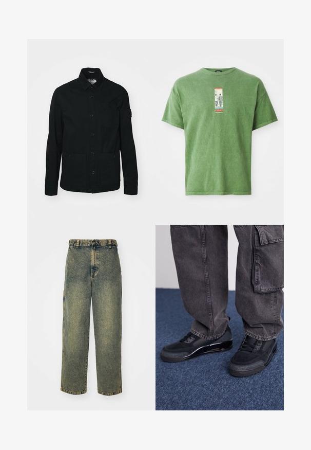 Schwarze, langärmelige Shirtjacke aus Baumwolle, mit einer durchgehenden Knopfleiste, zwei großen Fronttaschen und einer kleinen Brusttasche.; Grünes Baumwoll-T-Shirt mit einem zentralen Grafiketikett, auf dem das Wort "JOURNEY" steht, kurzen Ärmeln und einer lockeren Passform. Weicher Stoff, lässiges Design.; Baggy-Jeans aus Denim in einer verblassten Blauen und Grünen Waschung. Mit Knopfverschluss, Gürtelschlaufen und Seitentaschen. Flaches Vorderteil und gerades Bein-Design.; Schwarze Sportschuhe mit einer strukturierten Oberfläche, glatten Akzenten und einer chunky Sohle, kombiniert mit dunklen, lässig sitzenden Cargo-Hosen.