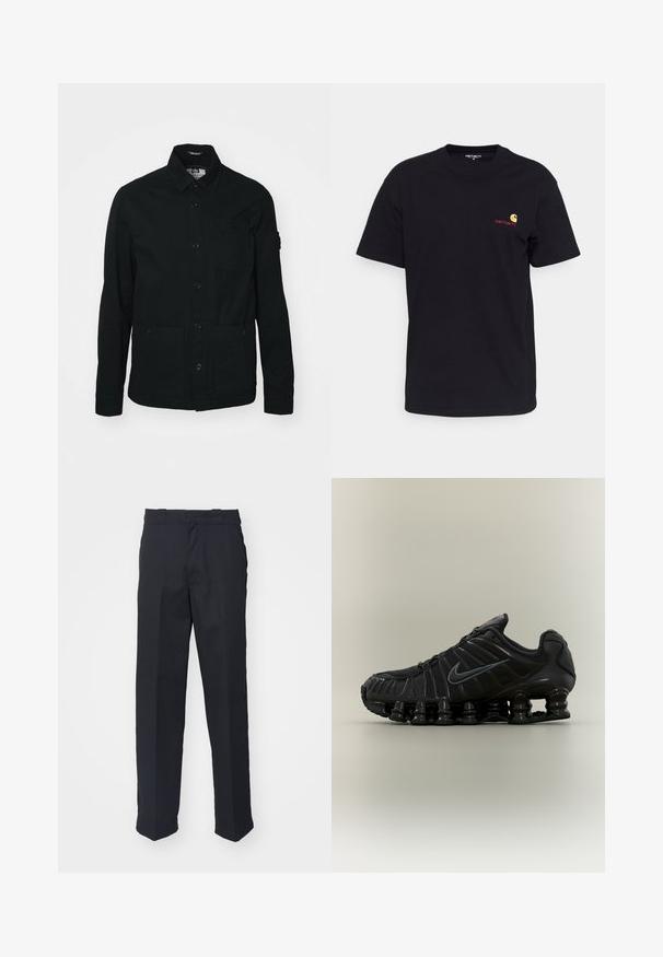 Schwarze, langärmelige Shirtjacke aus Baumwolle, mit einer durchgehenden Knopfleiste, zwei großen Fronttaschen und einer kleinen Brusttasche.; Schwarzes Baumwoll-T-Shirt mit kurzen Ärmeln, rundem Halsausschnitt und kleinem bunten Logo auf der linken Brust. Klassischer Schnitt mit glatter Textur.; Schwarze maßgeschneiderte Hose mit geradem Schnitt, aus glattem Stoff gefertigt, mit einem Bund mit Gürtelschlaufen und ohne sichtbare Muster oder Beschläge.; Schwarzer Nike Laufschuh mit federartiger segmentierter Sohle, Mesh-Obermaterial und passendem schwarzem Swoosh-Logo an der Seite.