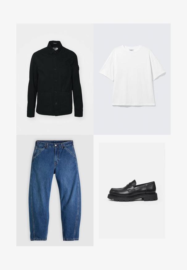 Zwarte, lange mouwen shirtjack gemaakt van katoen, met een knoopsluiting aan de voorkant, twee grote voorzakken en een kleine borstzak.; Witte oversized T-shirt met korte mouwen, ronde hals en verlaagde schouders, plat op een lichtgrijze achtergrond.; Blauwe spijkerbroek met een ontspannen pasvorm, voorzien van een knoopsluiting, vijf zakken en contrasterende oranje stiksels. Gladde textuur over het hele oppervlak.; Zwarte leren loafer met dikke geribbelde zool en pennyriemdetail, getoond in rechter zijprofiel op witte achtergrond.