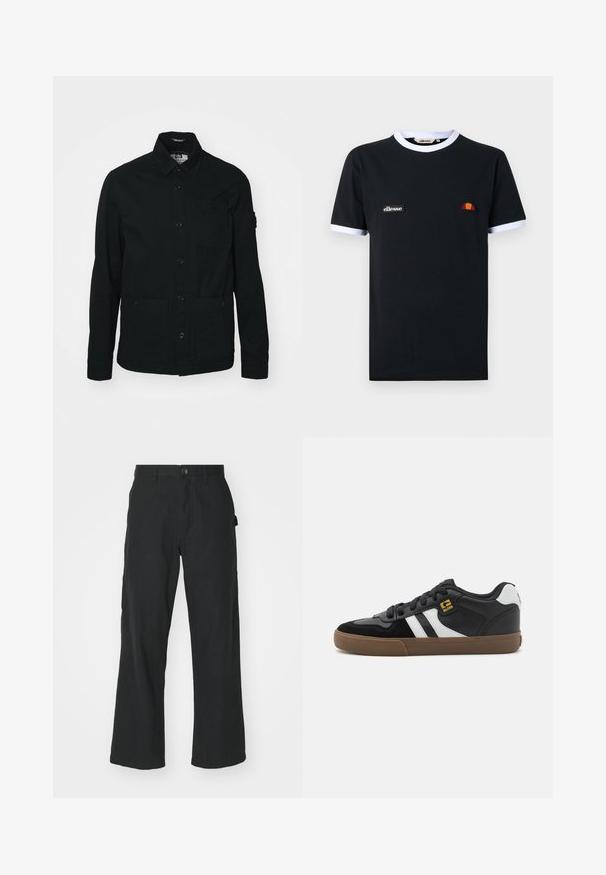 Sort, langærmet skjortejakke lavet af bomuld, med knaplukning foran, to store lommer foran og en lille brystlomme.; Sort t-shirt med korte ærmer med hvid kant på krave og ærmer, med et lille "ellesse" logo-patch og en halvcirkelformet orange og rød emblemlogo.; Sorte vidde bukser lavet af letvægtsstof, med knaplukning, forlommer og en glat tekstur.; Sorte og hvide sneakers med overdel i ruskind og læder, der har hvide striber, sorte snørebånd og en brun gummisål. Guld logo detaljer.