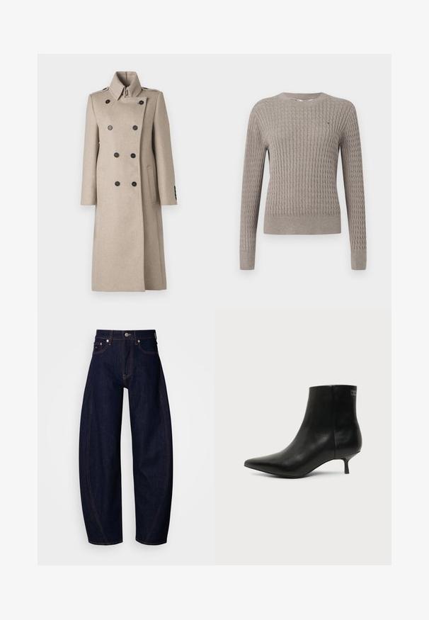 Manteau beige à double boutonnage en mélange de laine, avec un col haut, des boutons noirs, une coupe droite et des poches latérales pour un look structuré.; Pull en tricot à côtes gris clair avec des manches longues et un col rond. Présente un motif texturé et un subtil détail de logo sur la poitrine.; Jean en denim bleu foncé à coupe ample, avec une taille haute, des surpiqûres orange, un design classique à cinq poches et une fermeture à bouton.; Bottine en cuir noir avec bout pointu et petit talon kitten sur fond clair, vue côté extérieur.