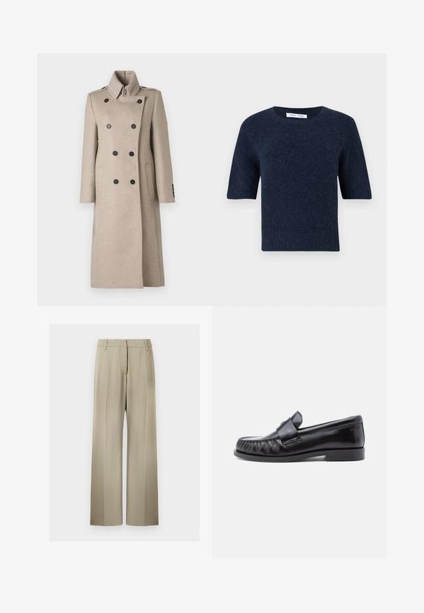 Manteau beige à double boutonnage en mélange de laine, avec un col haut, des boutons noirs, une coupe droite et des poches latérales pour un look structuré.; Pull court en tricot flou bleu marine à manches courtes, avec un col rond et un ourlet droit, présenté sur fond blanc.; Pantalons à jambes larges en tissu beige doux, avec un devant plat, des passants de ceinture et une texture lisse. Taille standard sans motifs visibles.; Mocassins en cuir noir avec un bout arrondi, une couture distinctive et une bride décorative sur le cou-de-pied. Finition lisse et talon bas.