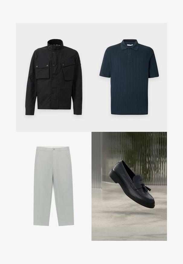 Sort jakke lavet af holdbart stof, med høj krave, trykknapper, to frontlommer og en lige skæring.; Mørkeblå kortærmet poloshirt med ribbet tekstur, der har en krave og slidse med tre knapper.; Lysegrå bukser med lige ben, bæltestropper, sidelommer, forreste knap og lynlåslukning.; Sorte læderloafers med en glat tekstur, en rundet tå og dekorative kvaster foran. Fleksibel gummisål med lav hæl.