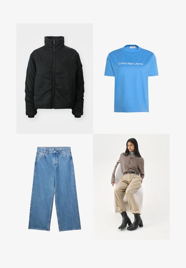 Sort polstret jakke med høj krave, lynlåslukning, lange ærmer og to frontlommer. Glat tekstur, kort design uden mønstre.; Lyseblå kortærmet t-shirt med rund hals og teksten "Calvin Klein Jeans" trykt i hvid på brystet.; Blå vidde jeans med frontknap og lynlås, bæltestropper og Calvin Klein-mærke på lille forlomme.; Kvinde med langt sort hår, der læner sig op ad en hvid buet stol iført en taupe bluse, beige bukser, sort bælte og sorte ankelstøvler med hæl.