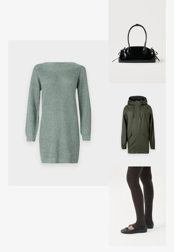 Grøn vandtæt regnjakke med hætte, frontlynlås, elastiske manchetter og to sidelommer. Glat tekstur og mellemlang design.; Strikket kjole i lysegrøn med lange ærmer, en bred halsudskæring og struktureret stof. Har en lige pasform og ribbet kant.; Ben iført mørke ribbede leggings kombineret med sorte balletsko med små sløjfedetaljer på hvid baggrund.; Lille sort blank håndtaske med to lange håndtag og snøre-detaljer i siden på en ensfarvet lys baggrund.