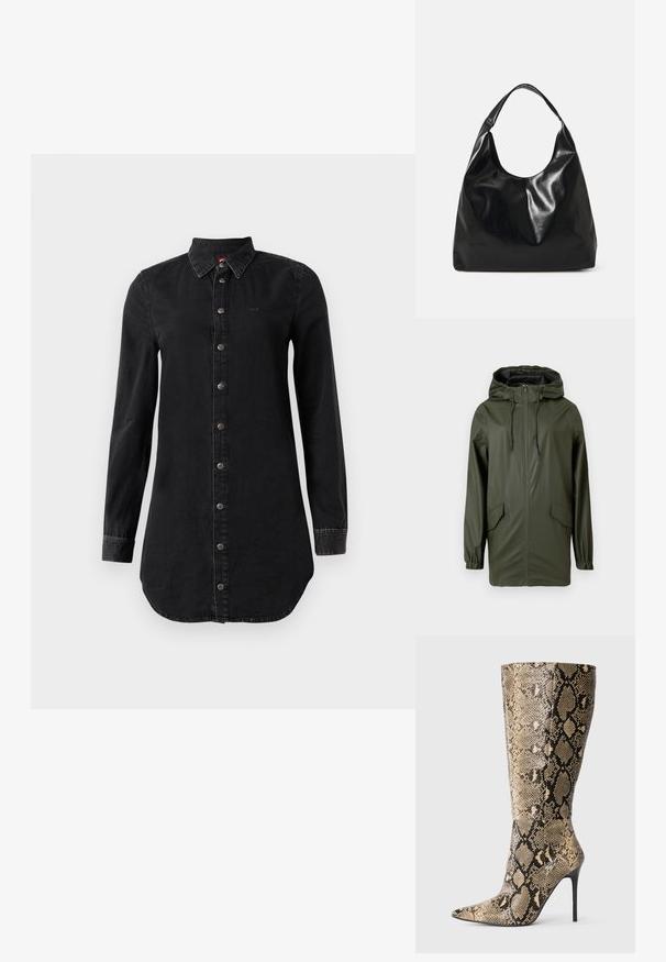 Chaqueta de lluvia impermeable verde, con capucha, cremallera frontal, puños elásticos y dos bolsillos laterales. Textura suave y diseño de longitud media.; Vestido de camisa de denim negro de manga larga con cierre de botones en la parte delantera y collarete puntiagudo, con un dobladillo ligeramente curvado y puños cosidos.; Bota de tacón stiletto hasta la rodilla con punta afilada y patrón de serpiente en beige y negro, mostrada de lado sobre un fondo sencillo.; Bolso hobo de cuero negro con una textura suave y brillante y un diseño de parte superior redondeada y abierta. Cuenta con una amplia correa curvada para llevar. Sin hardware visible.