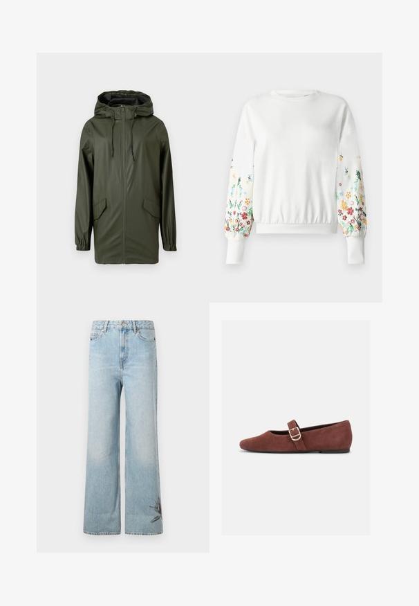 Vihreä vedenpitävä sadetakki, jossa on huppu, etuvetoketju, joustavat hihansuut ja kaksi sivutaskua. Sileä pinta ja keskipitkä malli.; Valkoinen sweatpantti, jossa on pyöreä pääntie ja ribbauslahkeet, sekä värikkäitä kukka-ompeluja hihoissa eri sävyissä.; Vaaleansiniset leveälahkeiset farkut, joissa on kulahtanut pinta ja kukkakirjonta vasemmassa alalahkeessa.; Ruskea mokkainen Mary Jane -tyylinen tasapohjainen kenkä, jossa on kullanvärinen solkisilmukka ja musta pohja valkoisella taustalla.