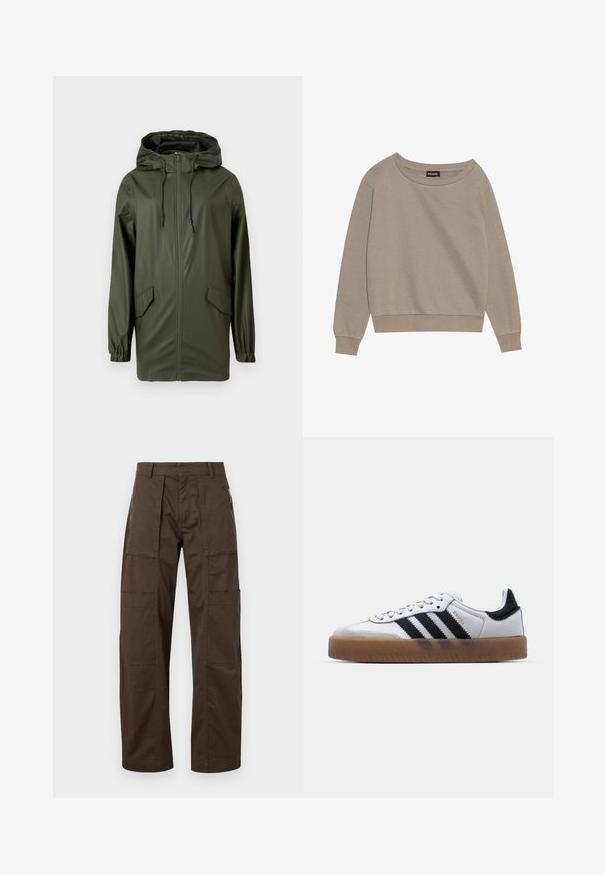 Grøn vandtæt regnjakke med hætte, frontlynlås, elastiske manchetter og to sidelommer. Glat tekstur og mellemlang design.; Beige langærmet sweatshirt med en bred udskæring og ribbede manchetter. Blødt stof, afslappet pasform, har minimale sømme og ingen mønstre.; Brune cargo bukser lavet af holdbart stof med flere lommer, en afslappet pasform og fremtrædende syninger for øget holdbarhed.; Hvide lædersneakers med sorte striber, gummirubber sål, rund tå, snørelukning og blød grå ruskinds tåhætte.