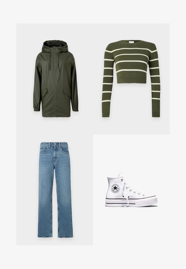 Grøn vandtæt regnjakke med hætte, frontlynlås, elastiske manchetter og to sidelommer. Glat tekstur og mellemlang design.; Olivengrøn ribbet cropped sweater med hvide horisontale striber, rund halsudskæring og lange ærmer. Tekstureret stof med tætsiddende design.; Blå højtaljede lige ben denim jeans med forreste knap og lommer på en hvid baggrund.; Hvid Converse Chuck Taylor All Star højt snøresko med sorte striber og logoemblem på siden, vist mod en ensfarvet hvid baggrund.
