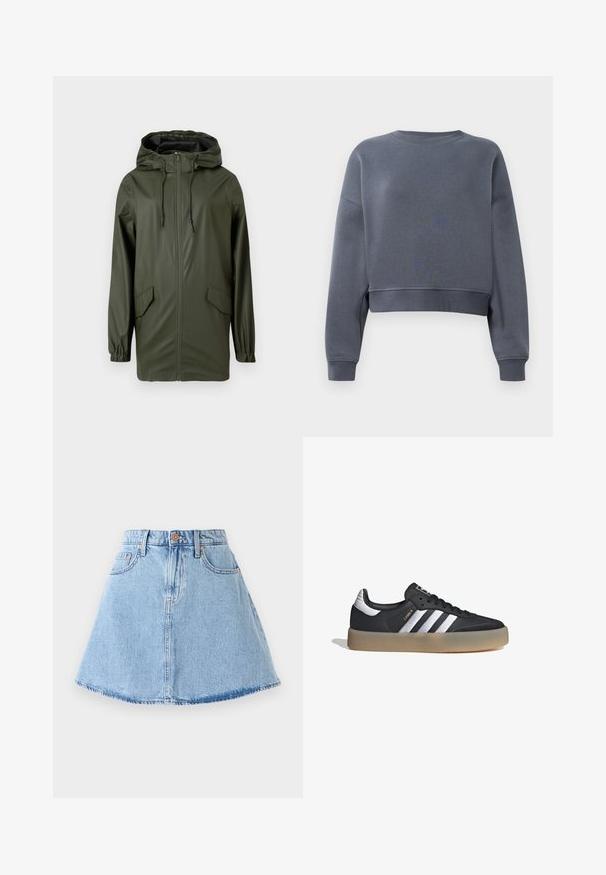 Chaqueta de lluvia impermeable verde, con capucha, cremallera frontal, puños elásticos y dos bolsillos laterales. Textura suave y diseño de longitud media.; Sudadera gris cortada hecha de una tela suave, con un cuello redondo, puños acanalados y un ligero patrón de textura en la parte delantera.; Falda de mezclilla en corte A de color azul claro con dobladillo deshilachado, cinco bolsillos y cierre de botón. Presenta herrajes en tono cobre y detalles de costura sutiles.; Zapatilla deportiva de cuero negro con tres rayas plateadas, punta texturizada y suela de goma. Cuenta con un collar acolchado y un diseño con cordones.