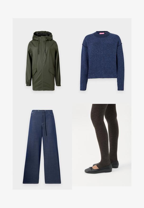 Veste de pluie verte imperméable, dotée d'une capuche, d'une fermeture éclair à l'avant, de poignets élastiques et de deux poches latérales. Texture lisse et design mi-long.; Pull en tricot bleu marine avec une texture côtelée, des manches longues et un col rond. Présente une subtile variation de couleur.; Pantalon en denim à jambes larges, couleur bleu foncé, avec une taille à cordon, des poches avant et des coutures blanches contrastantes.; Jambes portant des leggings côtelés foncés associés à des ballerines noires avec de petits détails en nœud sur fond blanc.