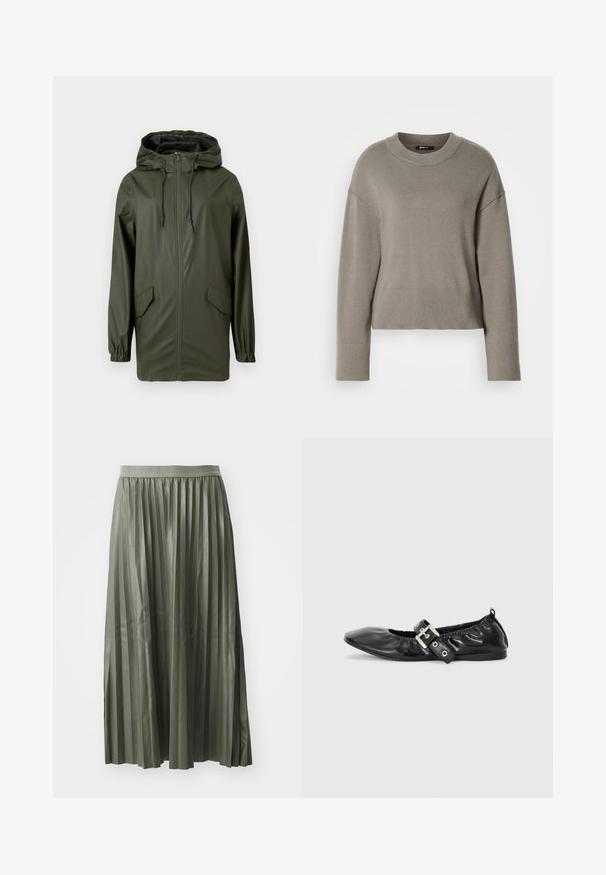 Grüne wasserdichte Regenjacke mit Kapuze, Frontreißverschluss, elastischen Bündchen und zwei Seitentaschen. Glatte Textur und mittellanges Design.; Hellgrauer, kurz geschnittener Pullover mit rundem Ausschnitt, überschnittenen Schultern und gerippten Ärmelbündchen sowie Saum. Weiche Textur, schlichtes Design.; Faltender Midi-Rock in gedämpftem Grün, aus glänzendem Stoff. Verfügt über einen elastischen Taillenbund und fällt bis zur Wade mit gleichmäßig verteilten vertikalen Falten.; Schwarze Leder-Ballerinas mit spitzem Zehenbereich, gerafften Details am Schaft und einem silbernen Schnallenakzent am verstellbaren Riemen.