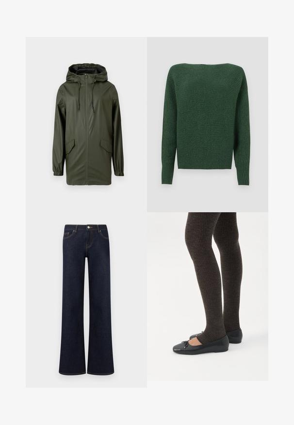 Grøn vandtæt regnjakke med hætte, frontlynlås, elastiske manchetter og to sidelommer. Glat tekstur og mellemlang design.; Mørkegrønt striktrøje med en tekstureret overflade, bred halsudskæring og lange ærmer. Kroppen har en lige skæring og ribbede manchetter.; Mørkeblå vidde denimjeans med forlommer, knap- og lynlåslukning samt synlige kontrastsyninger.; Ben iført mørke ribbede leggings kombineret med sorte balletsko med små sløjfedetaljer på hvid baggrund.