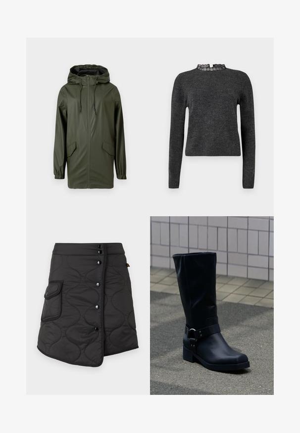 Groene waterdichte regenjas, met een capuchon, een voorruit, elastische manchetten en twee zijzakken. Glad textuur en middellange stijl.; Donkergrijze trui met lange mouwen, geribbelde textuur en een kraag met kanten afwerking. De stof lijkt zacht en lichtgewicht, geschikt voor het lagen.; Zwarte gequiltte rok met een asymmetrische zoom, voorzien van vijf donkere knopen en een zijzak met afgeronde flapdetails.; Zwarte leren kuitlaars met een lage blokhak en een decoratieve riem met metalen gesp rond de enkel, op een betegeld trottoir.