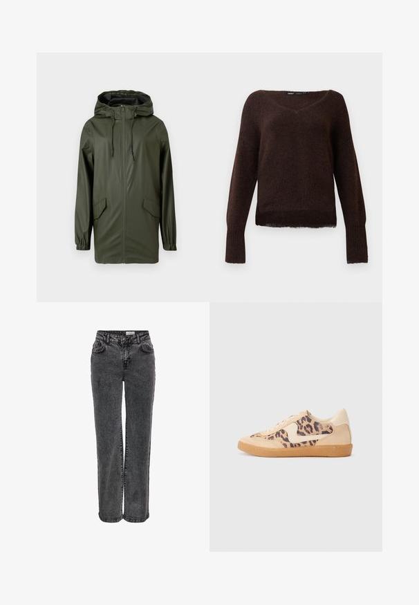 Grøn vandtæt regnjakke med hætte, frontlynlås, elastiske manchetter og to sidelommer. Glat tekstur og mellemlang design.; Mørkebrun fuzzy striktrøje med V-hals, lange ærmer og ribbede manchetter på en ensfarvet hvid baggrund.; Sorte denimjeans med lige ben, der har forlommer, bæltestropper og en subtil, falmet tekstur.; Leopardprint sneakers med beige ruskindsoverdel, tan gummisål og hvide detaljer. Rund pegefinger og snørebåndsdesign med en tekstureret finish.