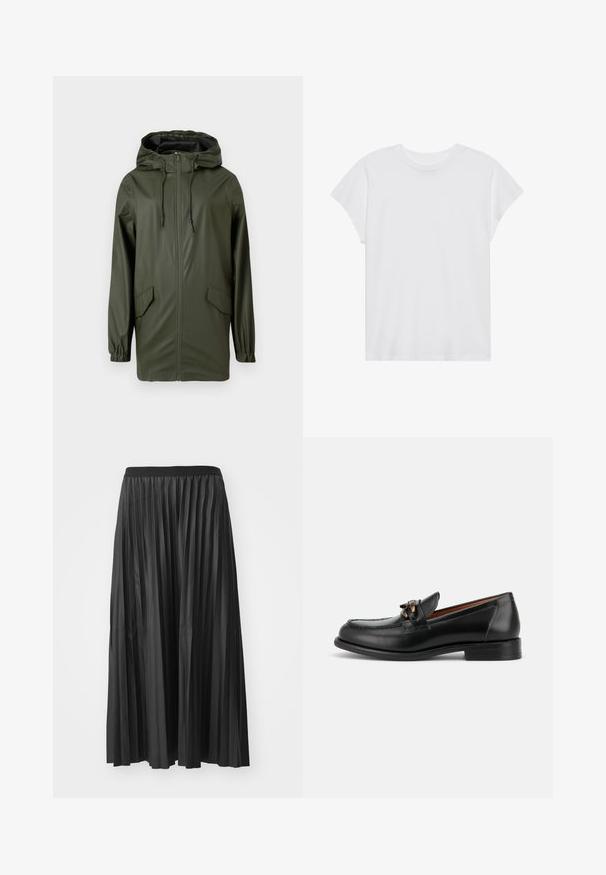 Veste de pluie verte imperméable, dotée d'une capuche, d'une fermeture éclair à l'avant, de poignets élastiques et de deux poches latérales. Texture lisse et design mi-long.; T-shirt blanc à manches courtes, col rond, coupe décontractée, en tissu de coton doux. Texture lisse, sans motifs ni logos.; Jupe maxi plissée noire avec une texture lisse et une taille élastique, dotée de plis verticaux qui créent du volume et du mouvement.; Mocassin en cuir noir avec un petit talon, un bout arrondi et un détail de boucle métallique décorative à l'avant.