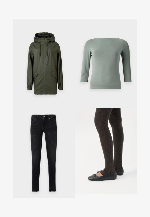 Grüne wasserdichte Regenjacke mit Kapuze, Frontreißverschluss, elastischen Bündchen und zwei Seitentaschen. Glatte Textur und mittellanges Design.; Mintgrünes, figurbetontes Langarmshirt mit weitem Halsausschnitt und Dreiviertelärmeln. Hergestellt aus einem glatten, elastischen Stoff mit minimalen Nähten.; Schwarze Skinny-Jeans aus Denim mit ausgefranstem Saum, vorderen Taschen und Knopfverschluss an der Taille. Die Textur wirkt glatt.; Beine in dunklen, gerippten Leggings kombiniert mit schwarzen Ballerinas mit kleinen Schleifendetails auf weißem Hintergrund.