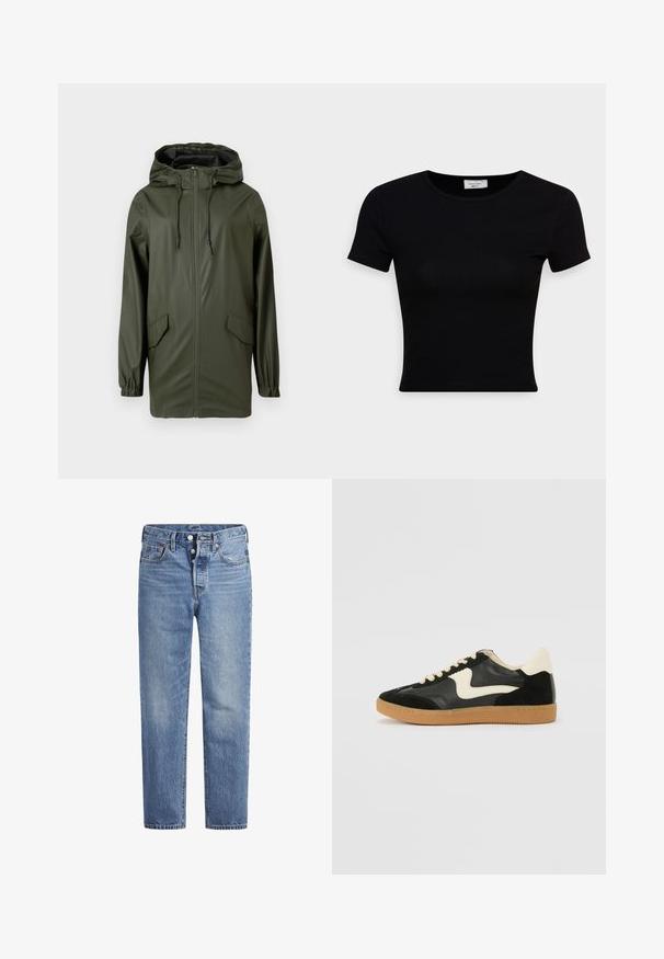 Groene waterdichte regenjas, met een capuchon, een voorruit, elastische manchetten en twee zijzakken. Glad textuur en middellange stijl.; Zwarte korte mouwen t-shirt van gladde katoenstof, met een ronde hals en een getailleerd ontwerp. Minimalistisch zonder zichtbare patronen.; Lichtblauwe spijkerbroek met een rechte snit, vijf zakken en een knoopsluiting. Heeft subtiele vervaging en oranje stikselaccenten.; Zwarte suède en leren sneaker met een crèmekleurige zij-swoosh en lichte crèmekleurige hiel. Voorzien van beige veters en een gumrubberen zool.