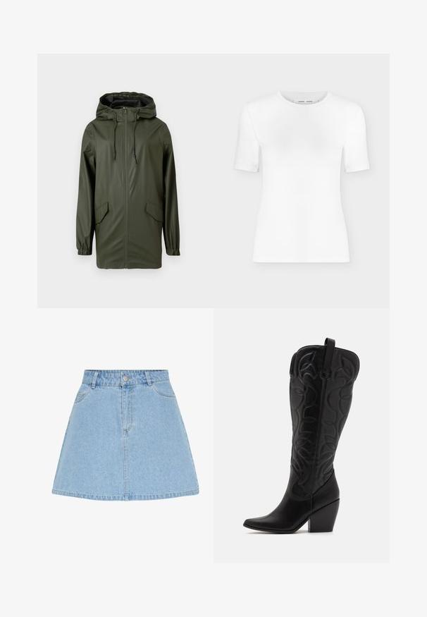 Veste de pluie verte imperméable, dotée d'une capuche, d'une fermeture éclair à l'avant, de poignets élastiques et de deux poches latérales. Texture lisse et design mi-long.; T-shirt blanc à manches courtes avec col rond, coupe slim et texture de tissu côtelé, présenté sur un fond uni gris clair.; Jupe trapèze en denim bleu clair avec fermeture avant par boutons et zip, passants pour ceinture et deux poches avant.; Bottes hautes en cuir noir jusqu'aux genoux avec bout pointu et talon empilé. Caractéristiques de coutures décoratives et éléments de design courbés.