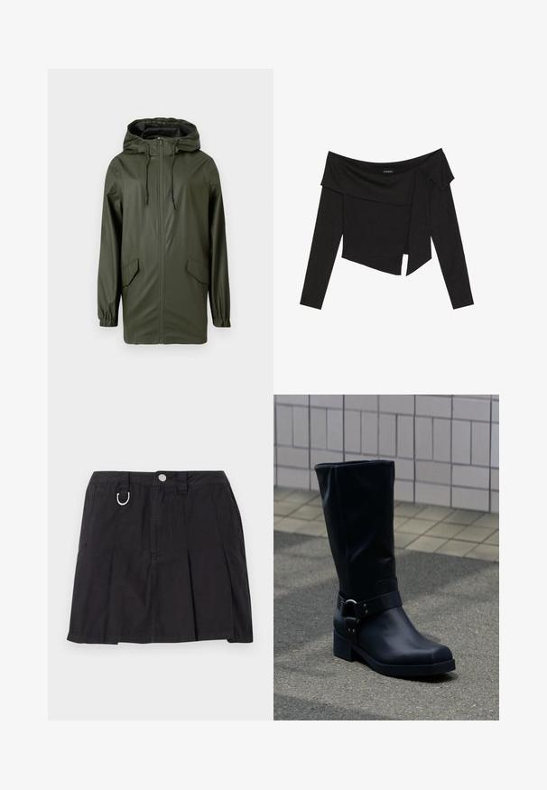 Grøn vandtæt regnjakke med hætte, frontlynlås, elastiske manchetter og to sidelommer. Glat tekstur og mellemlang design.; Sort off-shoulder top med lange ærmer, der har et lagdelt design og en let cropped kant. Fremstillet af ribbet materiale.; Sort plisseret nederdel lavet af bomuld, med frontknaplukning, bæltestropper og en D-ring detalje i taljen.; Sort læderstøvle midt på læggen med lav blokhæle og en dekorativ rem med metal spænde rundt om anklen, på en flisebelagt fortov.