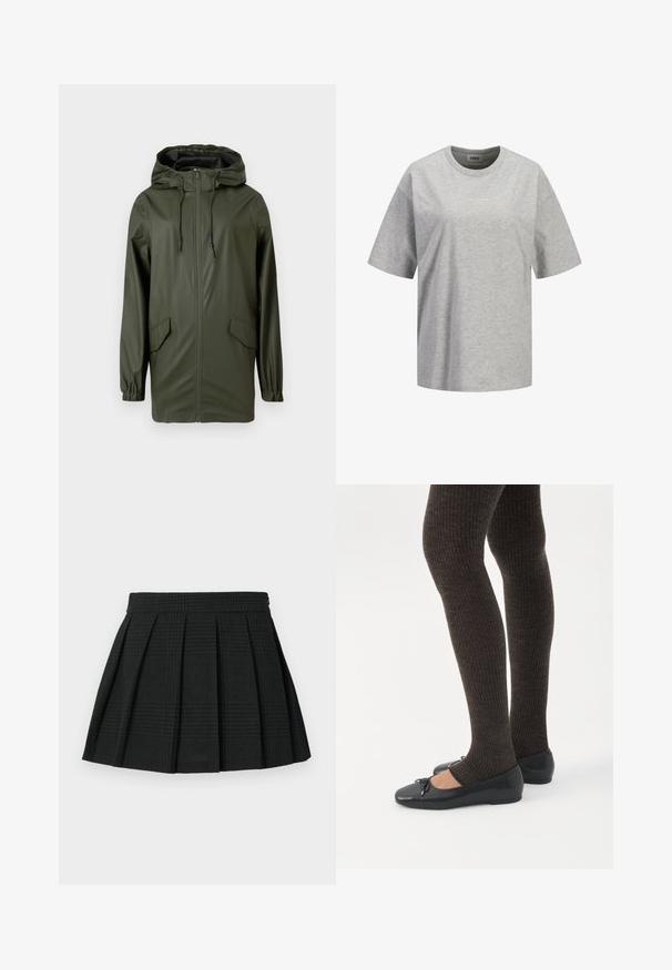 Chaqueta de lluvia impermeable verde, con capucha, cremallera frontal, puños elásticos y dos bolsillos laterales. Textura suave y diseño de longitud media.; Camiseta de manga corta y cuello redondo de color gris claro con un pequeño logo blanco "JJXX STUDIO" centrado en el pecho.; Falda corta de pliegues negra hecha de tela texturizada. Presenta una cinturilla y un sutil patrón de cuadros en toda la prenda. Longitud corta con pliegues en capas.; Piernas con leggings oscuros acanalados combinados con bailarinas negras que presentan pequeños detalles de lazo sobre un fondo blanco.